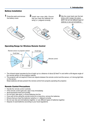 Page 19
9
1. Introduction
30°
30 °
30 °
30
°
Battery Installation
1Press the catch and remove
the battery cover.2Install new ones (AA). Ensure
that you have the batteries po-
larity (+/–) aligned correctly.3Slip the cover back over the bat-
teries until it snaps into place.
NOTE: Do not mix different types of
batteries or new and old batteries.
Remote sensor on projector cabinet
7m/22 feet
• The infrared signal operates by line-of-sight up to a distance of about 22 feet/7 m and within a 60-degree angle of
the...