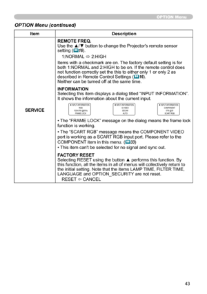 Page 45
43

ItemDescription
SERVICE
REMOTE FREQ.Use the ▲/▼ button to change the Projector's remote sensor setting (16).
:NORMAL ó  :HIGH
Items with a checkmark are on. The factory default setting is for both   :NORMAL and   :HIGH to be on. If the remote control does not function correctly set the this to either only    or only    as described in Remote Control Settings (16).Neither can be turned off at the same time.
INFORMATIONSelecting this item displays a dialog titled...