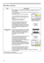 Page 36
34

INPUT Menu
ItemDescription
RESOLUTION*2
The resolution for the RGB  and RGB   input signals can be set on this projector.
(1) In the INPUT menu select RESOLUTION using the ▲/▼ buttons and press the ► button.The RESOLUTION menu will be displayed.
( )  In the RESOLUTION menu select the resolution you wish to display using the ▲/▼ buttons. Selecting AUTO will set a resolution appropriate to the input signal.
(3) Pressing the ► or Enter button when selecting a STANDARD resolution will...