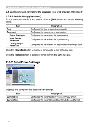 Page 124
34

2. Equipment connection and network setting
To add additional functions and events click the [Add] button and set the following 
items.
ItemDescription
TimeConfigures the time to execute commands.
CommandConfigures the commands to be executed.
Power ParameterConfigures the parameters for power control.
Input Source ParameterConfigures the parameters for input switching.
Display Image ParameterConfigures the parameters for display of transfer image data.
Click the [Register] button to add new...