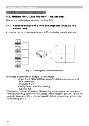 Page 144
54

4. Utilize projector – Advanced -
4. Utilize projector – Advanced -
This section explains how to connect multiple PCs.
4.1. Utilize “MIU Live Viewer” – Advanced -
4.1.1.   Connect multiple PCs with one projector (Multiple PCs 
connection)
A projector can be connected with up to 4 PCs to display multiple windows.
Fig. 4.1.1.a Multiple PCs connection outline
Followings are required for multiple PCs connection.
-  From 2 to 4 PCs (“MIU Live Viewer” installation is required to all 
PCs to connect.)
-...