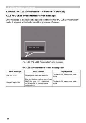 Page 156


4.2.5 “PC-LESS Presentation” error message
Error message is displayed at a specific condition while “PC-LESS Presentation” 
mode. It appears at the bottom and the gray area of screen.
Fig. 4.2.5 “PC-LESS Presentation” error message
4.2 Utilize “PC-LESS Presentation” – Advanced - (Continued)
“PC-LESS Presentation” error message list
Error messageError contentDisplay mode
File not foundDisplayable file does not exist.Display in full screen and slide show
Illegal Playlist file
Play list file...