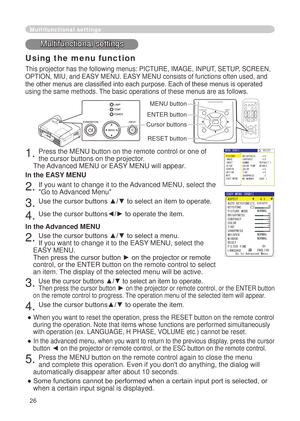 Page 28
6
Multifunctional settings
Multifunctional settings
Using the menu function
This projector has the following menus: PICTURE, IMAGE, INPUT, SETUP, SCREEN, 
OPTION, MIU, and EASY MENU. EASY MENU consists of functions often used, and 
the other menus are classified into each purpose. Each of these menus is operated 
using the same methods. The basic operations of these menus are as follows.
. Press the MENU button on the remote control or one of 
the cursor buttons on the projector.   
The...