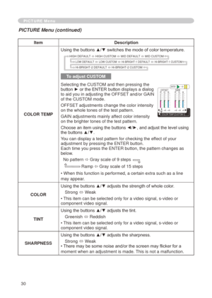 Page 32
30

ItemDescription
COLOR TEMP
Using the buttons ▲/▼ switches the mode of color temperature.
To adjust CUSTOM
Selecting the CUSTOM and then pressing the button ► or the ENTER button displays a dialog to aid you in adjusting the OFFSET and/or GAIN of the CUSTOM mode.
OFFSET adjustments change the color intensity on the whole tones of the test pattern.
GAIN adjustments mainly affect color intensity on the brighter tones of the test pattern.
Choose an item using the buttons ◄/►, and adjust the level using...