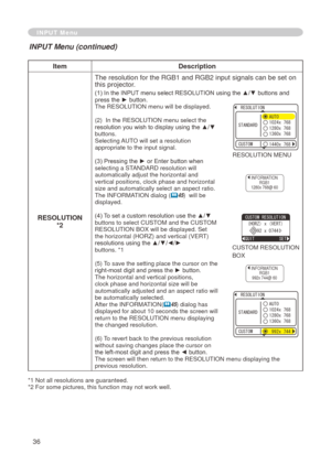 Page 38
36

INPUT Menu
ItemDescription
RESOLUTION
*2The resolution for the RGB and RGB input signals can be set on 
this projector.
(1) In the INPUT menu select RESOLUTION using the ▲/▼ buttons and press the ► button.The RESOLUTION menu will be displayed.
()  In the RESOLUTION menu select the 
resolution you wish to display using the ▲/▼ buttons. Selecting AUTO will set a resolution appropriate to the input signal.
(3) Pressing the ► or Enter button when selecting a STANDARD resolution will...