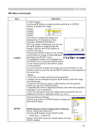 Page 55
53

ItemOperation
e-SHOT 
e-SHOT display : Use the ▲/▼ buttons to select an item and the ► or ENTER buttons to display the image.
Image
 
Image
 Image3 
Image4
File names of registered images are 
displayed by 6 characters or less. 
Example: DEMONSTRATION-0 Once an image is displayed, you can use the ▲/▼ buttons to page through the images. Use the ◄ or ESC buttons to return to the menu.Pressing the RESET button on the remote control while an image is being displayed will display the...