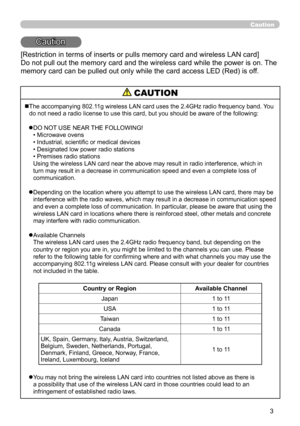 Page 93


Caution
Caution
[Restriction in terms of inserts or pulls memory card and wireless LAN card]
Do not pull out the memory card and the wireless card while the power is\
 on. The 
memory card can be pulled out only while the card access LED (Red) is off.
 CAUTION
nThe accompanying 802.11g wireless LAN card uses the 2.4GHz radio frequency band. You do not need a radio license to use this card, but you should be aware of the following:
lDO NOT USE NEAR THE FOLLOWING! • Microwave ovens •...