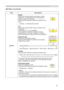 Page 57
55

ItemDescription
SETUP
MODESelect the communication connection control method to use between the PC and projector. Match to your PC’s settings.Use the ▲/▼ buttons to select the MODE to be used.
ADHOC ó INFRASTRUCTURE
CHSelect the channel when using a wireless LAN connection.
(Channels  to  are available)
*The available channels would be various depending on a country. In addition, wireless LAN card might be required due to the standard.
ENCRYPTIONSelect the encrypting method.Use the...