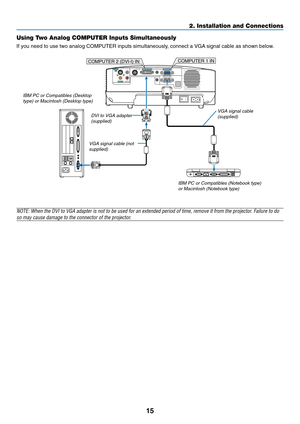 Page 23
15
Using Two Analog COMPUTER Inputs Simultaneously (VT695/VT595)
If you need to use two analog COMPUTER inputs simultaneously, connect a VGA signal cable as shown below.
AUDIO OUT
AUDIO IN
MONITOR OUT (COMP 1)
COMPUTER 1 INCOMPUTER 2 (DVI-I) IN
AUDIO IN
S-VIDEOIN
VIDEO IN PC CTRL
L
R
COMPUTER 1 INCOMPUTER 2 (DVI-I) IN
VGA signal cable
(supplied)
IBM PC or Compatibles (Notebook type) or Macintosh (Notebook type)
IBM PC or Compatibles (Desktoptype) or Macintosh (Desktop type)
VGA signal cable...