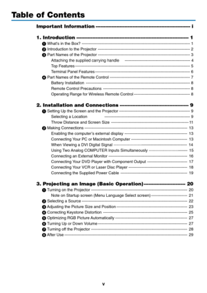 Page 7
v
Table of Contents
Important Information ----------------------------------------------------------- i
1. Introduction ---------------------------------------------------------------------- 1
 Whats in the Box? ------------------------------------------------------------------------\
--------- 1
  Introduction to the Projector --------------------------------------------------------------------- 2
  Part Names of the Projector --------------------------------------------------------------------- 3...