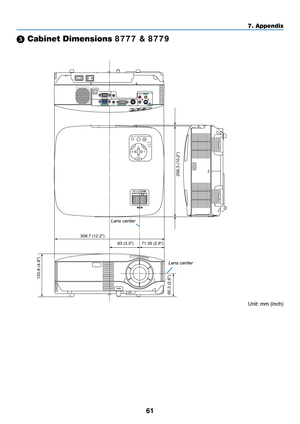 Page 69
61
7. Appendix
 Cabinet Dimensions 8777 & 8779
Although the appearance is slightly different, the VT695, VT595, VT590, VT490, VT59 and VT49 are the same in
dimensions.
SELECT
MENU
EN TE REXITLAMP
STATUS
POWER
ON/STAND BYAUTO ADJ.
SOURCE
ZOOM
FOCUS
PUSH
120.8 (4.8)
258.3 (10.2)
65.3 (2.6)
308.7 (12.2)
71.35 (2.8)
83 (3.3)
S ELE C TE
N TE REXITL A M P
S TA TU S
P O W ERO
N/S
TA N D B
YAU TO  A
D J.
S
O URCE
AUDIO OUT
AUDIO IN
MONITOR OUT (COMP 1)
COMPUTER 1 IN
AUDIO IN
S-VIDEO
IN
VIDEO IN PC CTRL
L
R...