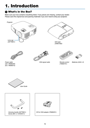 Page 9
1
MENUSLEECTLAMPSTATUSPOWERON/STANDBYSOURCEUATA OD.JENTEREXIT
OFSUCOZOM
Projector
Lens cap(24FT9641)
Power cable(US: 7N080220)(EU: 7N080015)
VGA signal cable
Soft case(24BS7582)
User Guide
1. Introduction
VOLUMESV-DIEOVDIEOL-CLCIKRETNEEXIT
MENUUPMAGNIFYPAGEOFFPOWERONPCI-MUTEDOWNMOUSER-CLICKAUTOA DJ.LAMPM ODECOMPUTERASPECTHELPFREEZEPICTURE12
Remote control(7N900731)Batteries (AAA2)
Carrying handle (24FT9651)Screw (M42: 24V00411)
 What's in the Box?
Make sure your box contains everything listed. If...
