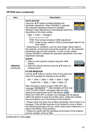 Page 45
43

ItemDescription
SERVICE(continued)
AUTO ADJUST
Using the ▲/▼ buttons enables/disables the automatic adjustment. When DISABLE is selected, the automatic adjustment feature is disabled, although rough adjustment is automatically performed depending on the basic setting.
FINE ó FAST ó DISABLE      
FINE: Finer tuning including H.SIZE adjustment.
FAST:  Faster tuning, setting H.SIZE to prearranged data for the 
input signal.
• Depending on conditions, such as input image, signal cable to the projector,...