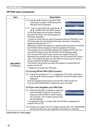 Page 50
48

ItemDescription
SECURITY(continued)
3.1-2  Use the ▲/▼ buttons on the PIN LOCK on/off menu to select TURN ON and the PIN BOX will be displayed. 
3.1-3 
 
  Input a 4 part PIN Code using the ▲, ▼, 
◄, ►, COMPUTER and INPUT buttons.A PIN Code again box will appear. Reenter the same PIN Code. This will complete the PIN Code registration.
• If there is no key input for about 55 seconds while the PIN BOX or the PIN Code again box are displayed the menu will close. If necessary repeat the process from...