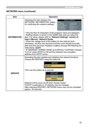 Page 55
53

NETWORK menu
ItemOperation
INFORMATION
Selecting this item displays the NETWORK -INFORMATION- dialog for confirming the network settings.
• Only the first 16 characters of the projector name are displayed.• Nothing (blank) is shown in the NAME field until you setup the item. For setup, please refer to “Network Settings” section of User’s Manual - Network Guide.• When the voltage level of the battery for the internal clock decreases, set time may become incorrect even though accurate date and time...