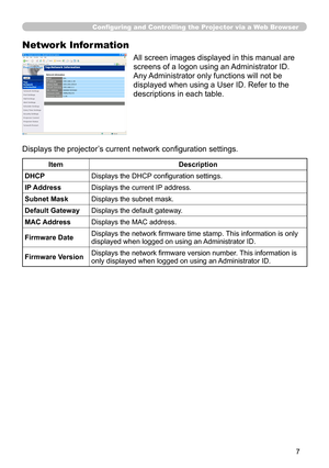 Page 75


Configuring and Controlling the Projector via a Web Browser
Network Information
All screen images displayed in this manual are 
screens of a logon using an Administrator ID.
Any Administrator only functions will not be 
displayed when using a User ID. Refer to the 
descriptions in each table.
Displays the projector’s current network configuration settings.
ItemDescription
DHCPDisplays the DHCP configuration settings.
IP AddressDisplays the current IP address.
Subnet MaskDisplays the subnet mask....