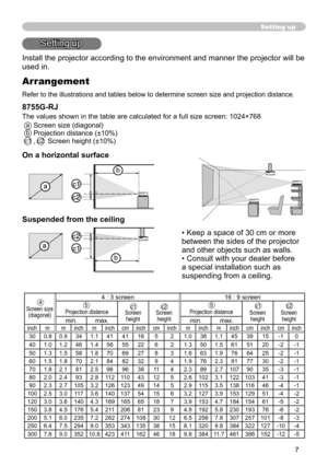 Page 9
7
Setting up
Setting up
Install the projector according to the environment and manner the projector will be 
used in.
On a horizontal surface
Suspended from the ceiling
• Keep a space of 30 cm or more 
between the sides of the projector 
and other objects such as walls.
• Consult with your dealer before 
a special installation such as 
suspending from a ceiling.
Screen size(diagonal)
4 : 3 screen16 : 9 screen
Projection distance ScreenheightScreenheightProjection distance...