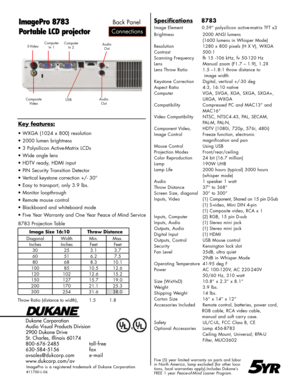 Page 2
Dukane Corporation
Audio Visual Products Division
2900 Dukane Drive
St. Charles, Illinois 60174
800-676-2485      toll-free
630-584-5156      fax
avsales@dukcorp.com    e-mail
www.dukcorp.com/av
ImagePro 8783
Portable LCD projector
Five (5) year limited warranty on parts and labor in North America, lamp excluded (for other loca-tions, local warranties apply).Includes Dukane’s FREE 1 year Peace-of-Mind Loaner Program.5YR
Connections
Back Panel
ImagePro  is  a  registered  trademark  of  Dukane...