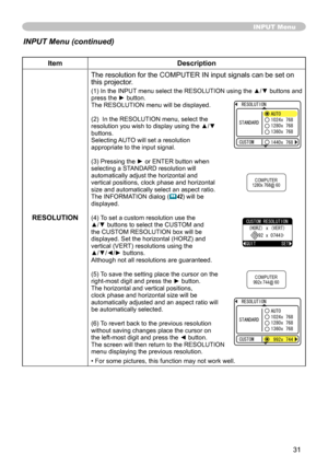 Page 31
3

INPUT Menu
ItemDescription
RESOLUTION
The resolution for the COMPUTER IN input signals can be set on this projector.
(1) In the INPUT menu select the RESOLUTION using the ▲/▼ buttons and press the ► button.The RESOLUTION menu will be displayed.
(2)  In the RESOLUTION menu, select the resolution you wish to display using the ▲/▼ buttons. Selecting AUTO will set a resolution appropriate to the input signal.
(3) Pressing the ► or ENTER button when selecting a STANDARD resolution will automatically...