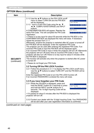 Page 46
46

ItemDescription
SECURITY(continued)
3.1-2  Use the ▲/▼ buttons on the PIN LOCK on/off menu to select TURN ON and the PIN BOX will be displayed. 
3.1-3 
 
  Input a 4 part PIN Code using the ▲, ▼, 
◄, ►, COMPUTER/STORAGE and INPUT buttons.A CONFIRMATION BOX will appear. Reenter the same PIN Code. This will complete the PIN Code registration.• If there is no key input for about 55 seconds while the PIN BOX or the CONFIRMATION BOX are displayed the menu will close. If necessary repeat the process from...