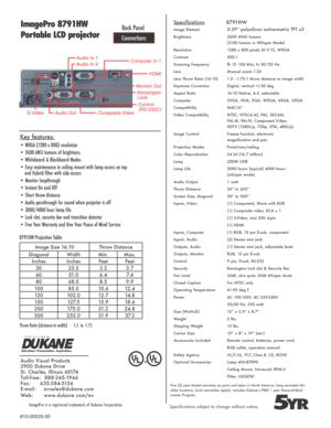 Page 2Specifications              8791HW
Image Element             0.59” polysilicon active-matrix TFT x3
Brightness  2600 ANSI lumens  
  (2100 lumens in Whisper Mode)
Resolution  1280 x 800 pixels (H X V), WXGA
Contrast  500:1
Scanning Frequency  fh 15 -106 kHz, fv 50-120 Hz
Lens  Manual zoom 1.2X
Lens Throw Ratio  (16:10) 1.5 –1.75:1 throw distance to image width
Keystone Correction  Digital, vertical +/-30 deg
Aspect Ratio  16:10 Native, 4:3, selectable 
Computer    SVGA, VGA, XGA,  WXGA, SXGA, UXGA...