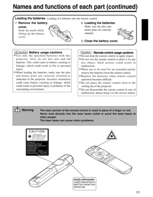 Page 1311
Names and functions of each part (continued)
Loading the batteriesLoading AA batteries into the remote control.
The laser pointer of the remote control is used in place of a fing er or rod.
Never look directly into the laser beam outlet or point the laser beam at
other people.
The laser beam can cause vision problems.
Warning
AVOID EXPOSURE-LASER RADIA TION IS EMITTED FROM THIS APER TURE
1Remove the battery
cover.
Push the knob while
lifting up the battery
cover .  
  
   
2Loading the batteries.
Mak...