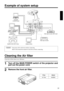 Page 3331
RGB  IN 12
CONTROL RGB  OUTS-VIDEO  IN
VIDEO  IN
AUDIO  IN
L
MONO
R
USB AUDIO
OUT AUDIO  IN
12
Example of system setup
Cleaning the Air filter
Turn power off to all devices before connecting.
Refer to the instruction manual of each device before connecting.Caution
AC input
Video tape recorder with S jack
Video tape recorder
Speaker (with built-in amp)
Display monitor Computer
(desktop type)Computer
(notebook type)
Clean the air filter about every 100 hours .
1Turn off the MAIN POWER switch of the...
