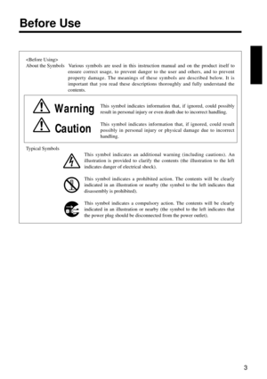 Page 53

About the Symbols Various symbols are used in this instruction manual and on the product itself to
ensure correct usage, to prevent danger to the user and others, and to prevent
property damage. The meanings of these symbols are described below. It is
important that you read these descriptions thoroughly and fully understand the
contents.
Warning
This symbol indicates information that, if ignored, could possibly
result in personal injury or even death due to incorrect handling.
Caution
This symbol...