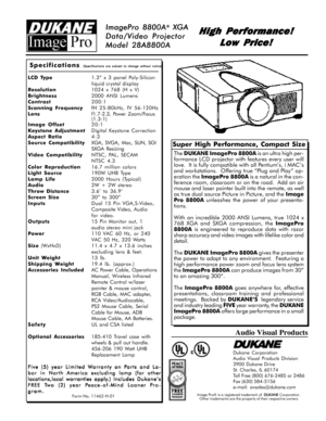 Page 2ImagePro 8800A ImagePro 8800AImagePro 8800A ImagePro 8800A
ImagePro 8800A® ®® ®
® XGA  XGA XGA  XGA
 XGA
Data/Video Projector Data/Video ProjectorData/Video Projector Data/Video Projector
Data/Video Projector
Model 28A8800A Model 28A8800AModel 28A8800A Model 28A8800A
Model 28A8800A
Super High Performance, Compact Size
Form No. 11462-H-01
Specifications
      
 (Specifications are subject to change without notice) (Specifications are subject to change without notice)(Specifications are subject to change...