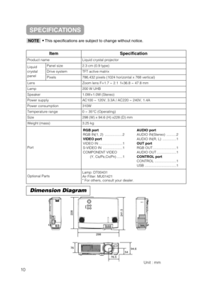 Page 48Dimension Diagram
Unit : mm
298
94.6
54
228241.5
76
76.5
ItemSpecification
Product nameLiquid crystal projector
Liquid
crystal
panelPanel size2.3 cm (0.9 type)
Drive systemTFT active matrix
Pixels786,432 pixels (1024 horizontal x 768 vertical)
LensZoom lens F=1.7 ~ 2.1  f=36.8 ~ 47.8 mm
Lamp200 W UHB
Speaker1.0W+1.0W (Stereo)
Power supplyAC100 ~ 120V, 3.3A / AC220 ~ 240V, 1.4A
Power consumption310W
Temperature range0 ~ 35°C (Operating)
Size298 (W) x 94.6 (H) x228 (D) mm
Weight (mass)3.25 kg
Port
Optional...