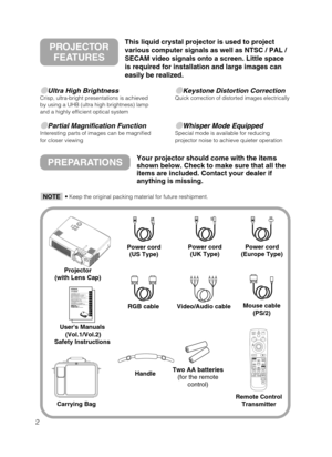Page 102
Ultra High BrightnessCrisp, ultra-bright presentations is achieved
by using a UHB (ultra high brightness) lamp
and a highly efficient optical system
Partial Magnification FunctionInteresting parts of images can be magnified
for closer viewing 
Keystone Distortion CorrectionQuick correction of distorted images electrically
Whisper Mode EquippedSpecial mode is available for reducing
projector noise to achieve quieter operation
PREPARATIONSYour projector should come with the items
shown below. Check...