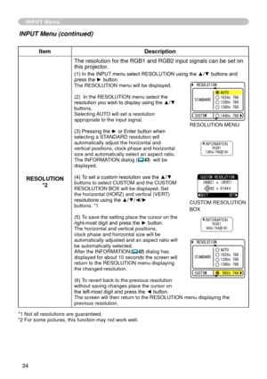 Page 36
34

INPUT Menu
ItemDescription
RESOLUTION*2
The resolution for the RGB and RGB input signals can be set on this projector.
(1) In the INPUT menu select RESOLUTION using the ▲/▼ buttons and press the ► button.The RESOLUTION menu will be displayed.
()  In the RESOLUTION menu select the resolution you wish to display using the ▲/▼ buttons. Selecting AUTO will set a resolution appropriate to the input signal.
(3) Pressing the ► or Enter button when selecting a STANDARD resolution will...