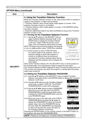 Page 50
48

ItemDescription
SECURITY
4. Using the Transition Detector Function
While the Transition Detector function is ON, when power switch is started to supply to the projector, it might react as below.• Transition Detector alarm shown below might appear on screen, if the projector has been moved or re-installed.• Transition Detector alarm might appear on screen, if the MIRROR setting has been changed.• Keystone adjustment feature has been prohibited as long as the Transition Detector function is ON.
4.1...