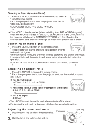 Page 21
9

Operating
Adjusting the zoom and focus
. Use the zoom ring to adjust the screen size.  
. Use the focus ring to focus the picture.
Selecting an aspect ratio 
. Press the ASPECT button on the remote control.   
Each time you press the button, the projector switches the mode for aspe\
ct 
ratio in turn. 
 For an RGB signal
NORMAL  4:3     6:9  SMALL 
  
 For a video signal, s-video signal or component video signal
4:3    6:9    4:9  SMALL 
  
 For a no signal...