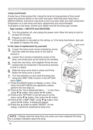 Page 56
54

RG B 
IN 2RG B 
O UTCO NTR
O LAU DIO  IN
2Y
L
CB/
PBCR/PRA U DIO  
IN 1LA NVO LT A G E 7 0V
P O W ER  2 80W
A U DIO  
O UTUSBS-V ID
EO

CR/PRCB/PBAUDIO IN 2
A
UDIO IN 1
RGB IN
1
RGB IN2 LA
NCO NTROLRG B OU T
AUDIO OU T
US B
VI
DEO
S-VI DEOAC  IN

Lamp (continued)
A lamp has a finite product life. Using the lamp for long periods of time could 
cause the pictures darker or the color tone poor. Note that each lamp has a 
different lifetime, and some may burst or burn out soon after you start usi\
ng...