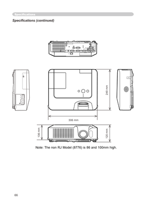 Page 68
66
Specifications
Specifications (continued)
AC  IN
AUDIO IN3AUDIO IN2
Y
R
L
C
B/PBCR/PRAUDIO IN1 RGB IN1 RGB IN2 LAN
CONTROL RGB OUT AUDIO OUT
USB
VIDEO
S-VIDEO
306 mm
 49 mm

0 mm

06 mm

Note: The non RJ Model (8776) 
is 86 and 100mm high. 