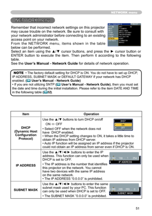 Page 52
5

NETWORK menu
NETWORK menu
ItemOperation
DHCP (Dynamic Host Configuration Protocol)
Use the ▲/▼ buttons to turn DHCP on/off
ON ó OFF
• Select OFF when the network does not have  DHCP enabled.• When the DHCP setting changes to ON, it takes a little time to obtain IP address from DHCP server.• Auto IP function will be assigned an IP address if the projector could not obtain an IP address from server even if DHCP is ON.
IP ADDRESS
Use the ▲/▼/◄/► buttons to enter the IP address. This function can...