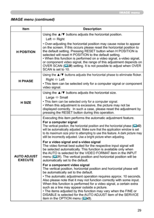 Page 299
IMAGE menu
IMAGE menu (continued)
ItemDescription
H POSITION Using the ▲/▼ buttons adjusts the horizontal position.
Left  ó Right
• Over-adjusting the horizontal position may cause noise to appear 
on the screen. If this occurs please reset the horizontal position to 
the default setting. Pressing RESET button when H POSITION is 
selected will reset H POSITION to the default setting.
• When this function is performed on a video signal, s-video signal, 
or component video signal, the range of this...