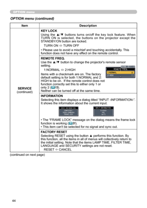 Page 4444
OPTION menu
OPTION menu (continued)
ItemDescription
SERVICE
(continued) KEY LOCK
Using  the  ▲/▼  buttons  turns  on/off  the  key  lock  feature.  When 
TURN  ON  is  selected,  the  buttons  on  the  projector  except  the 
STANDBY/ON button are locked.
TURN ON  ó TURN OFF
• Please use to avoid a mischief and touching accidentally. This 
function does not have any effect on the remote control.
REMOTE FREQ.
Use the ▲/▼ button to change the projector's remote sensor 
setting. 1:NORMAL  ó 2:HIGH...