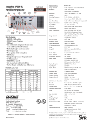 Page 2Specifications              8755K-RJ
Image Element             0.63” polysilicon active-matrix TFT x3
Brightness  2200 ANSI lumens
  (1900 lumens in Eco Mode)
Resolution  1024 x 768 pixels (H X V), XGA
Contrast  500:1
Scanning Frequency  fh 15 -106 kHz, fv 50-120 Hz
Lens  Manual zoom (F2.3 – 2.5), 1.2X
Lens Throw Ratio  1.46 –1.75:1 throw distance to image width
Keystone Correction  Digital, vertical +/-30 deg
Aspect Ratio  4:3, 16:9 selectable 
Computer    SVGA, VGA, XGA, SXGA, UXGA
Compatibility...