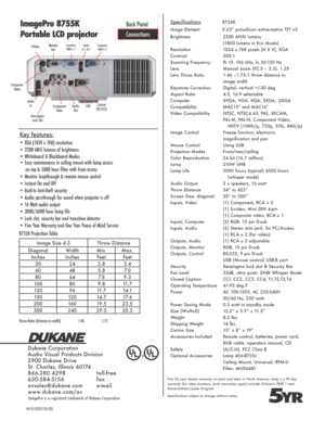 Page 2Specifications               8755K
Image Element           0.63” polysilicon active-matrix TFT x3
Brightness  2200 ANSI lumens
  (1800 lumens in Eco Mode)
Resolution  1024 x 768 pixels (H X V), XGA
Contrast  500:1
Scanning Frequency  fh 15 -106 kHz, fv 50-120 Hz
Lens  Manual zoom (F2.3 – 2.5), 1.2X
Lens Throw Ratio  1.46 –1.75:1 throw distance to   
  image width
Keystone Correction  Digital, vertical +/-30 deg
Aspect Ratio  4:3, 16:9 selectable 
Computer    SVGA, VGA, XGA, SXGA, UXGA
Compatibility...