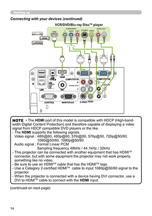 Page 1414
Setting up
• The HDMI port of this model is compatible with HDCP (High-band-
width Digital Content Protection) and therefore capable of displaying a video 
signal from HDCP compatible DVD players or the like.
-  The HDMI supports the following signals. Video signal :  480i@60, 480p@60, 576i@50, 576p@50, 720p@50/60,  1080i@50/60, 1080p@50/60
Audio signal :  Format Linear PCM   Sampling frequency 48kHz / 44.1kHz / 32kHz 
-  This projector can be connected with another equipment that has HDMI
TM...