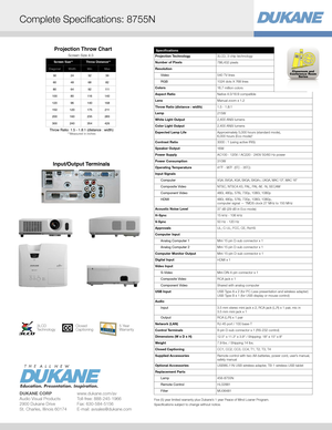 Page 3Specifications
Projection Technology 3LCD, 3 chip technology
Number of Pixels 786,432 pixels
Resolution
Video 540 TV lines
RGB 1024 dots X 768 lines
Colors 16.7 million colors
Aspect Ratio Native 4:3/16:9 compatible
Lens Manual zoom x 1.2
Throw Ratio (distance : width) 1.5 - 1.8:1
Lamp 215W 
White Light Output 2,400 ANSI lumens
Color Light Output 2,400 ANSI lumens
Expected Lamp Life Approximately 5,000 hours (standard mode), 
6,000 hours (Eco mode)* 
Contrast Ratio 3000 : 1 (using active IRIS)
Speaker...