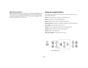 Page 2422 Regarding this projector
When sending the projector in for repair, we recommend shipping the unit 
in the carry case in its original packing material, or having a professional 
packaging company pack the unit with all accessories for shipping. Please 
insure your shipment for its full value. 
Using the keypad buttonsMost buttons are described in detail in other sections, but here is an over-
view of their functions:
power–turns the projector on (page 7) and off (page 12).
menu–opens the on-screen...