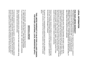 Page 45LEGAL INFORMA TIONFIVE-YEAR LIMITED W ARRANTY This Dukane LCD projector is warranted to the original purchaser for a p\
eriod of five (5) years from the original purchase date - in normal use and ser\
vice -against defects in material and workmanship. DUKANE CORPORA TIONEXPRESSLY DISCLAIMS  ALL OTHER W ARRANTIES OF MERCHANT ABILITYAND FITNESS FOR A P AR TICULAR PURPOSE.During the warranty period, Dukane Corporation will repair or replace (\
at themanufacturers option) any such defective parts (except for...