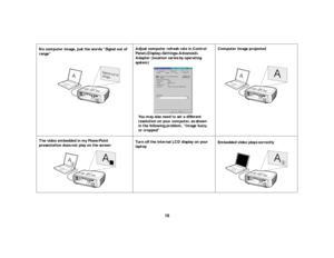 Page 1918
No computer image, just the words “Signal out of 
range” Adjust computer refresh rate in Control 
Panel>Display>Settings>Advanced>
Adapter (location varies by operating 
system)Computer image projected
The video embedded in my PowerPoint 
presentation does not play on the screenTurn off the internal LCD display on your 
laptopEmbedded video plays correctly
c
o
m
p
u
t
e
r2
n
e
t
w
o
r
km
o
n
i
t
o
r
o
u
taudioout
audioin
L
a
u
d
i
o
i
ns
e
r
i
a
lc
o
n
t
r
o
l
c
o
m
p
u
t
e
ri
n c
o
m
p
u
t
e
r1
v
i...