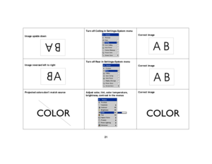 Page 2221
Image upside downTurn off Ceiling in Settings>System menu
Correct image
Image reversed left to rightTurn off Rear in Settings>System menu
Correct image 
Projected colors don’t match source
Adjust color, tint, color temperature, 
brightness, contrast in the menusCorrect image
A
B
AB
A
AB
COLOR
COLOR 