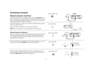 Page 87
Connecting a computerRequired computer connectionsConnect the black end of the computer cable to the to the Computer 1 con-
nector on the projector. Connect the blue end to the video port on your com-
puter. If you are using a desktop computer, you first need to disconnect the 
monitor cable from the computer ’s video port. 
Connect the black power cable to the connector on the back of the projector 
and to your electrical outlet.
The Power LED on the projector ’s keypad turns solid green.
NOTE: Always...