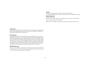 Page 22
TrademarksMicrosoft, PowerPoint, Word, Excel and Windows are trademarks or registered trade-
marks of Microsoft Corporation. Adobe and Acrobat are trademarks or registered 
tr a d em arks  o f A dob e S y ste m s In co rp ora te d . FCC WarningThis equipment has been tested and found to comply with the limits for a Class A 
digital device, pursuant to part 15 of the FCC Rules. These limits are designed to pro-
vide reasonable protection against harmful interference when the equipment is oper-
ated in a...