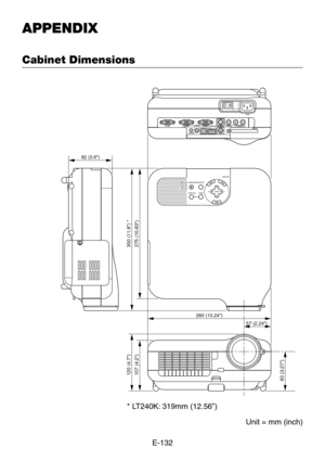 Page 132E-132
APPENDIX
Cabinet Dimensions
Unit = mm (inch)
260 (10.24)
57 (2.24)
275 (10.83)300 (11.8) *
120 (4.7)107 (4.2)83 (3.27)
92 (3.6)
* LT240K: 319mm (12.56”) 